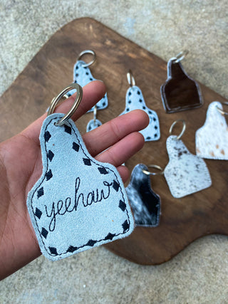 White Yeehaw Suede Leather Cowhide Keychain 1pc