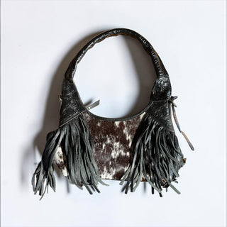 Black cowhide fringe shoulder bag