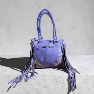 Purple fringe leather handbag