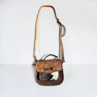 Brown horsebit tooled leather & cowhide crossbody bag