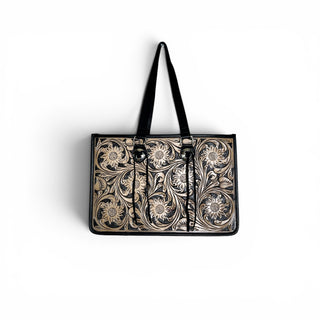 Tan tooled leather tote bag