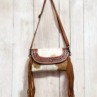 Tan tooled leather & cowhide fringe crossbody bag