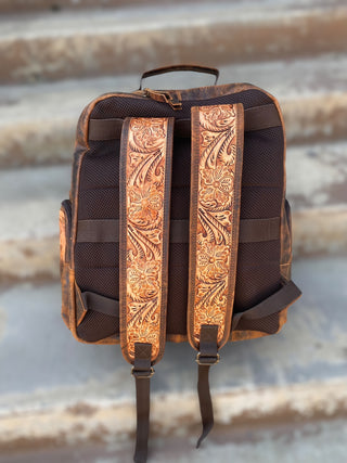 Rustic Cowhide & Tooled Floral Backpack