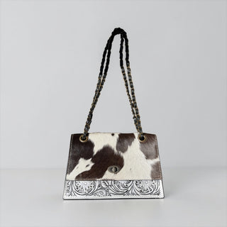 Silver tooled leather & cowhide crossbody bag