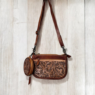 Tan tooled leather crossbody bag