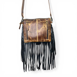 Tan tooled leather & cowhide fringe crossbody bag