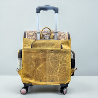 All leather floral tooled leather rolling backpack
