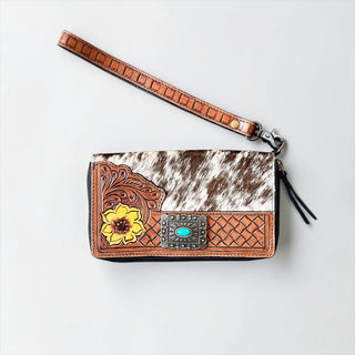 Sunflower tooled leather & cowhide wallet