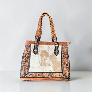 Tan tooled leather & cowhide shoulder bag