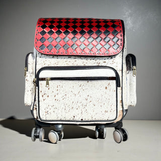 Red checkered rolling backpack