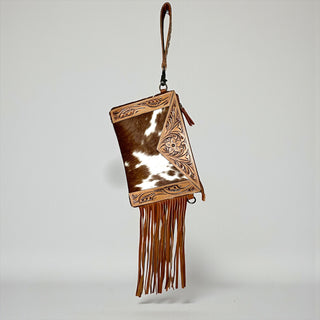 Brown tooled leather & cowhide crossbody bag