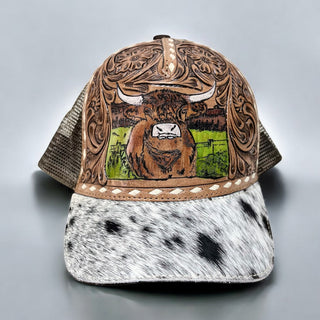 Highland tooled leather & cowhide cap