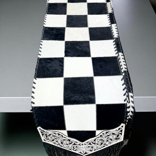 6ft Checkered cowhide & tooled leather fringe table runner