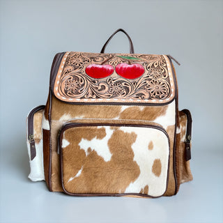 Cherry tooled leather & cowhide backpack