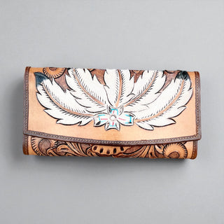 Tan feathers tooled leather wallet