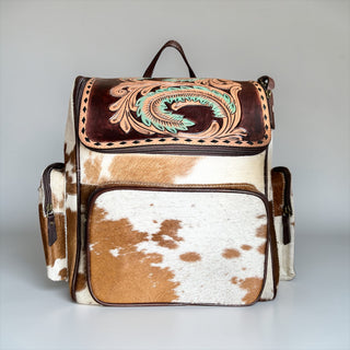 Turquoise feathers tooled leather & cowhide backpack