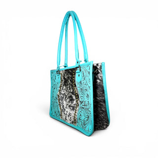 Turquoise tooled leather & cowhide tote bag