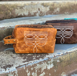 Tan Bootstitch Tooled & Leather Toiletry Bag