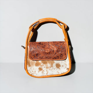 Tan tooled leather & cowhide shoulder bag