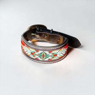 Red Aztec tooled leather dog collar