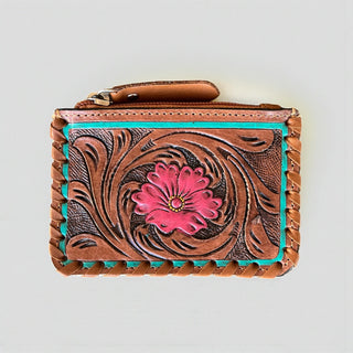 Rosita tooled leather & cowhide coin pouch