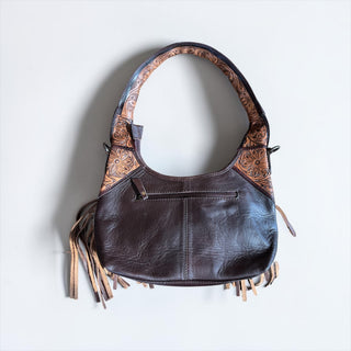Brown cowhide fringe shoulder bag