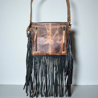 Turquoise jackpot tooled leather & cowhide fringe crossbody bag