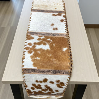 6ft tooled leather & cowhide fringe table runner