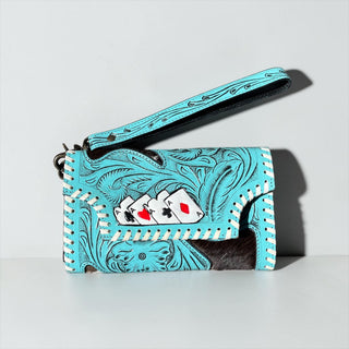 Turquoise cards tooled leather & cowhide wallet