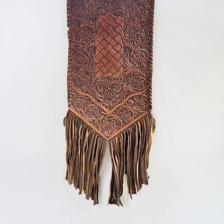 All tooled leather fringe table runner