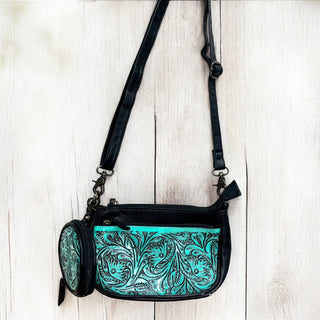 Turquoise tooled leather crossbody bag