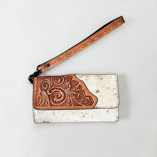 Brown tooled leather & cowhide wallet
