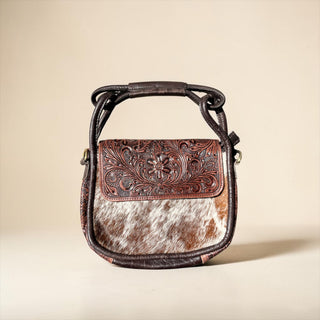 Brown tooled leather & cowhide shoulder bag