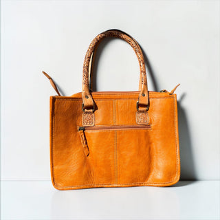 Tan tooled leather & cowhide tote bag