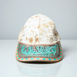 Turquoise tooled leather & cowhide cap