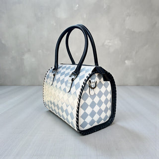 Gray checker tooled leather speedy bag