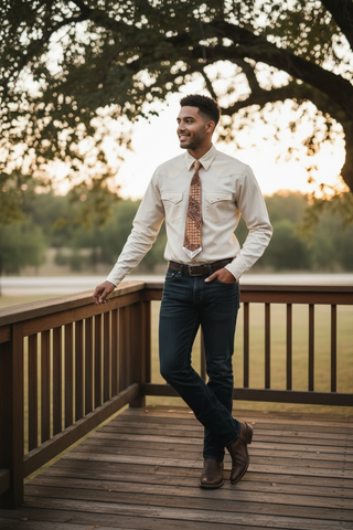 Checker floral tooled leather tie