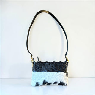 Black tooled leather & cowhide crossbody bag