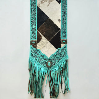 Turquoise tooled leather & cowhide table runner