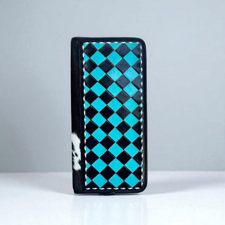 Blue checker tooled leather & cowhide jewelry wallet