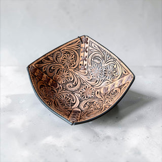 Floral tooled leather small bowl