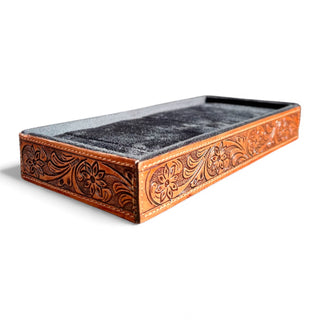 Large tan tooled leather ring holder