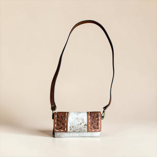Tan tooled leather crossbody wallet