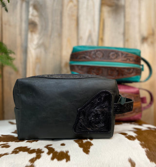 Black Tooled & Leather Toiletry Bag