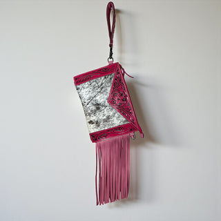 Pink tooled leather & cowhide crossbody bag
