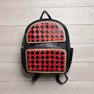 Red checker leather backpack