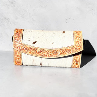Tan tooled leather crossbody wallet