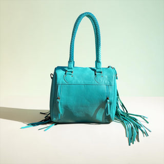 Turquoise fringe leather handbag