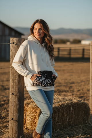 Beige hoodie with cowhide pocket
