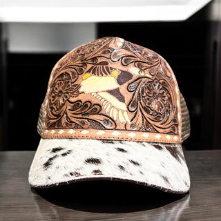 Duck tooled leather & cowhide cap